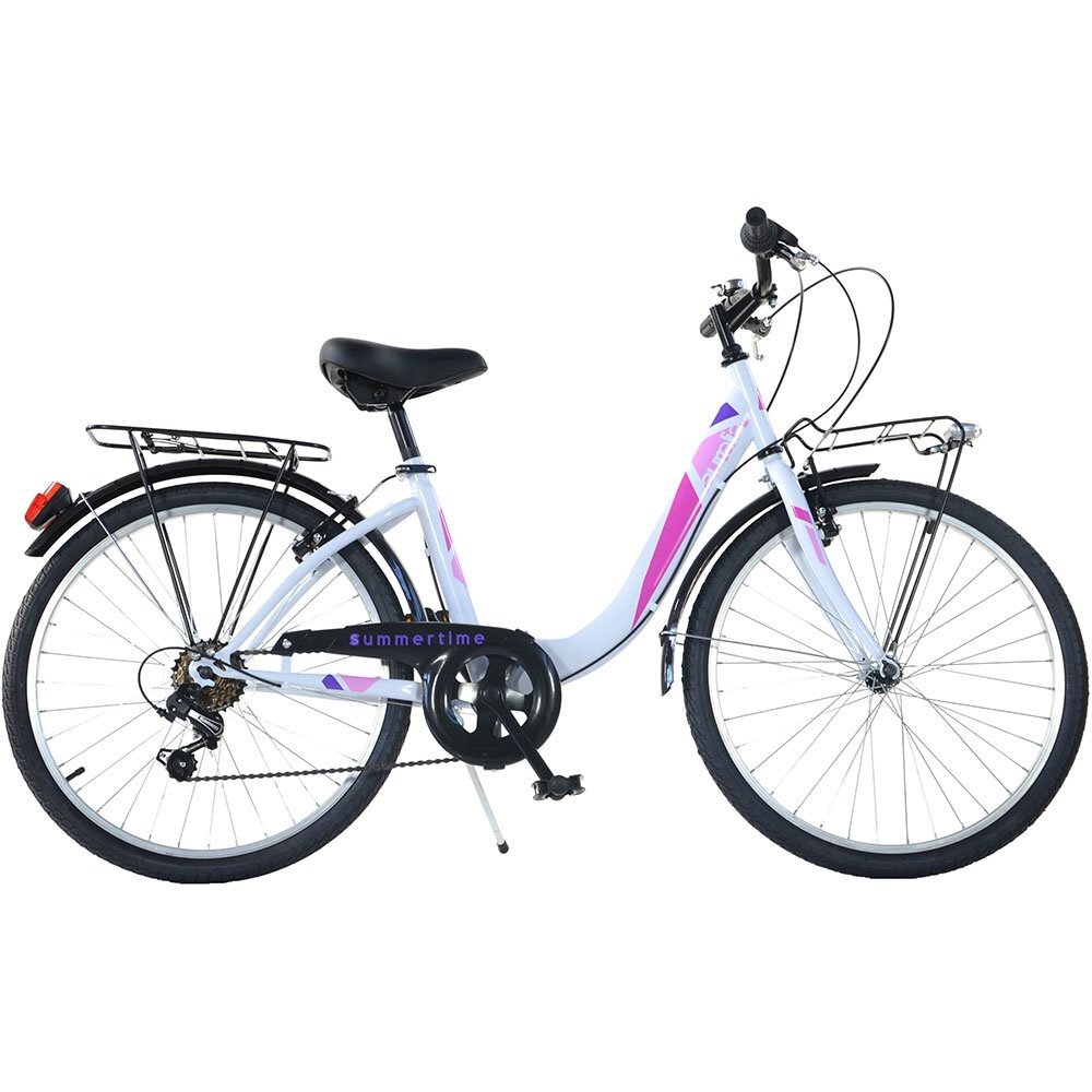 DINO BIKES Bicicleta City Summertime alb 26 inch de la 11 ani inaltime de peste 145 cm frana de mana pe roata fataspate portbagaj fataspate transmisie Shimano cu 6 viteze claxon si cric