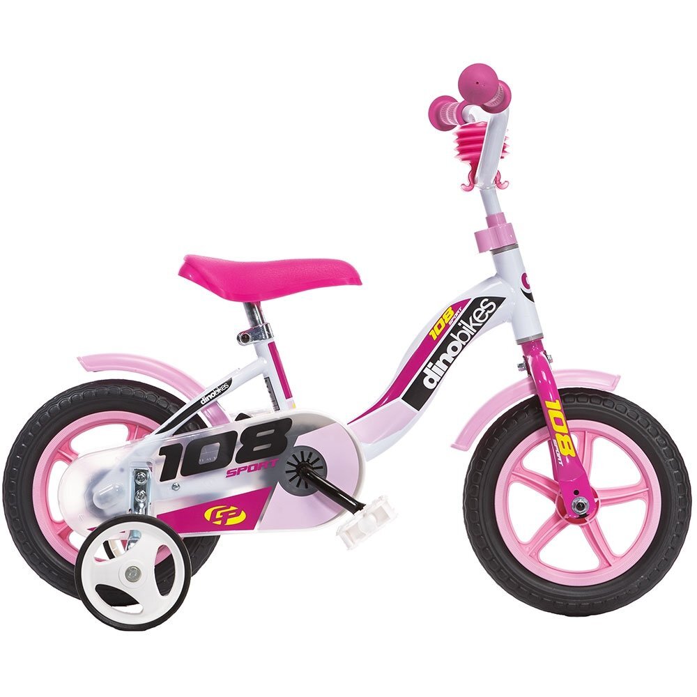 DINO BIKES Bicicleta copii 10 inch 108 Sport alb si roz de la 3 ani inaltimea 78-90 cm roti spuma EVA claxon pe ghidon roti ajutatoare