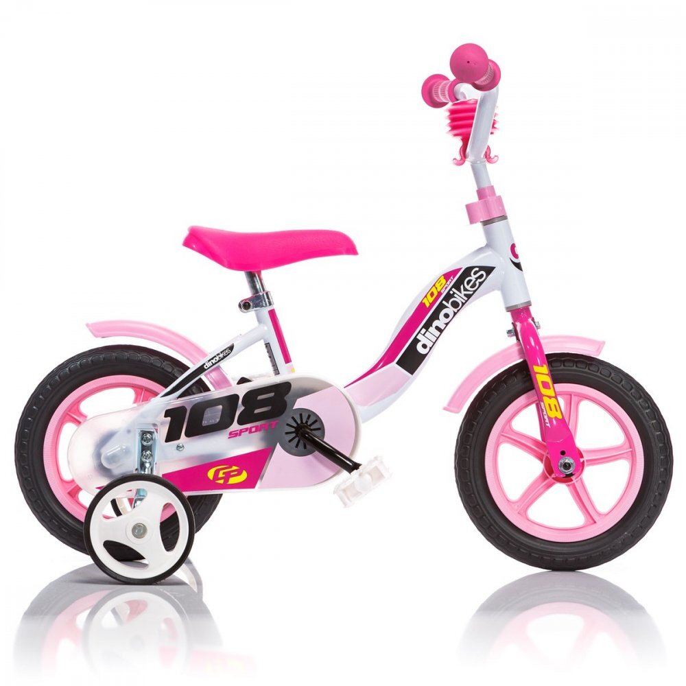 DINO BIKES Bicicleta copii 108 Sport alb si roz 10 inch frana de mana pe roata din fata roti ajutatoare de la 3 ani inaltimea recomandata 78-90 cm claxon pe ghidon roti din spuma EVA