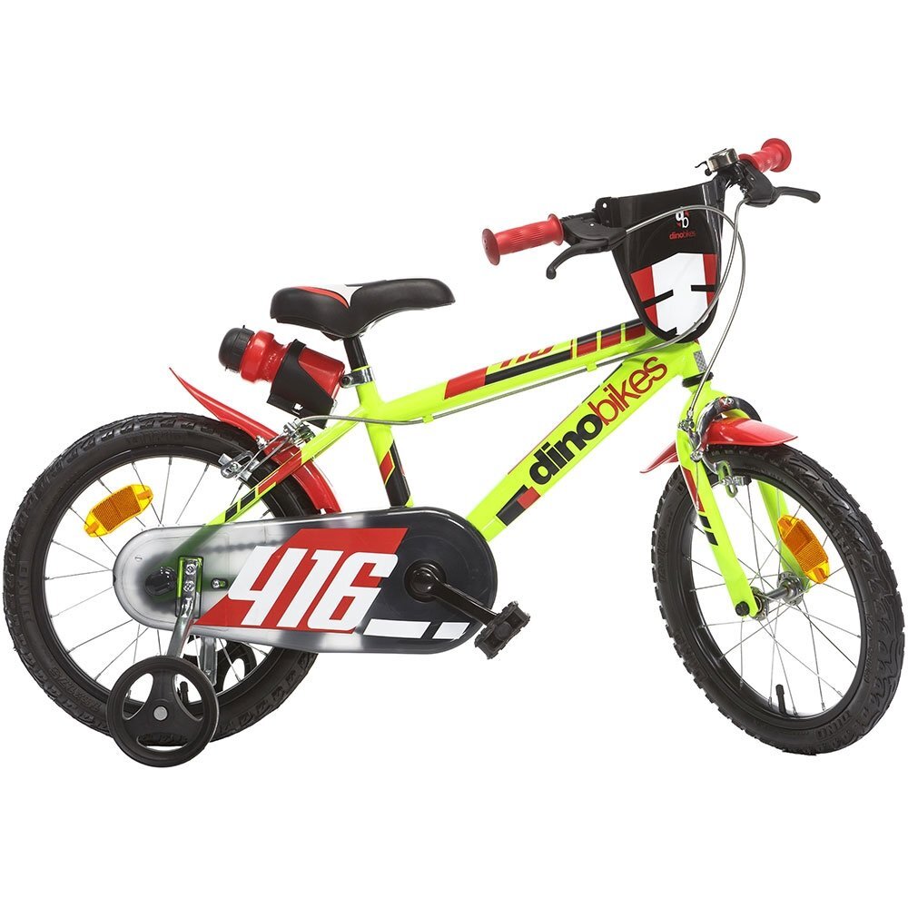 DINO BIKES Bicicleta copii 416 galben 16 inch varsta 6-8 ani inaltimea 107-125 cm frana de mana roata din fataspate roti ajutatoare detasabile suport cu sticla de apa anvelope gonflabile