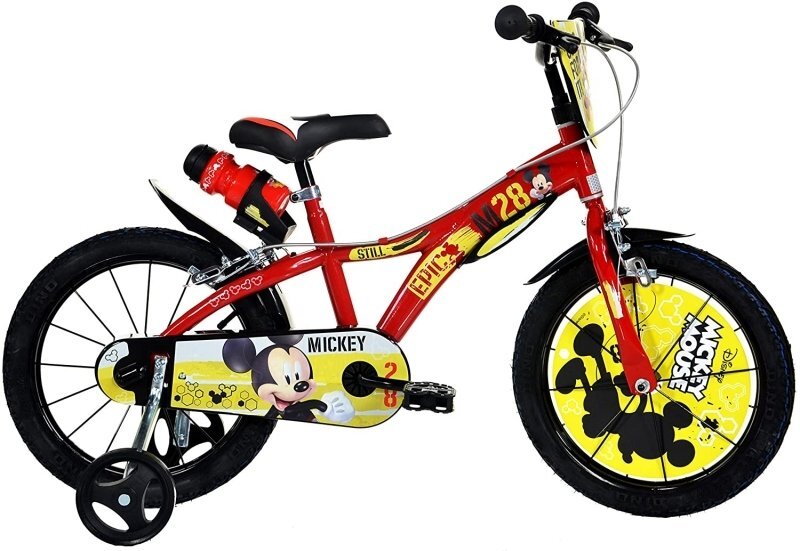 DINO BIKES Bicicleta copii 616MY Mickey Mouse 16 inch varsta 6-8 ani inaltimea 107-125 cm roti ajutatoare scaun si ghidon reglabile recipient pentru apa frana de mana pe ambele roti