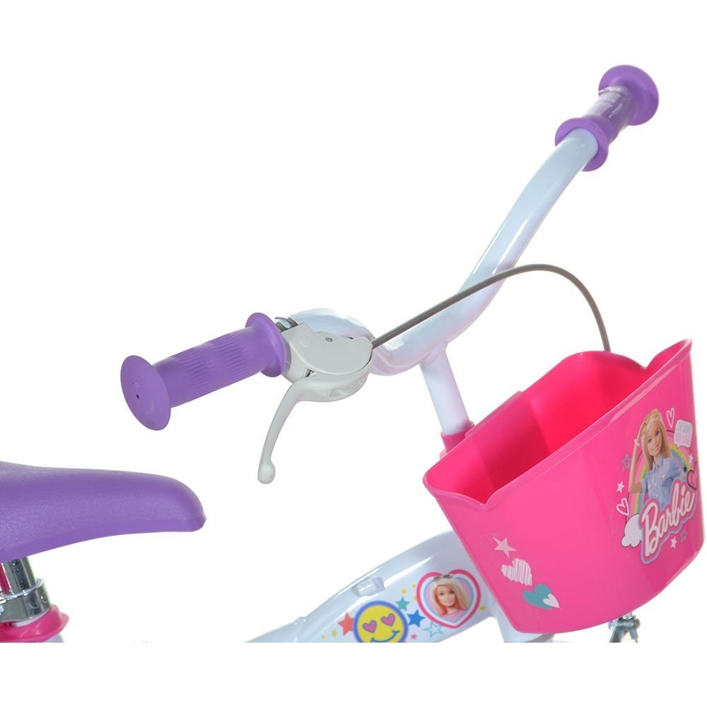 DINO BIKES Bicicleta copii Barbie 12 inch varsta 3-5 ani inaltimea 87-110 cm roti din spuma EVA roti ajutatoare detasabile scaun pentru papusa in spate cos spatios de depozitare in fata