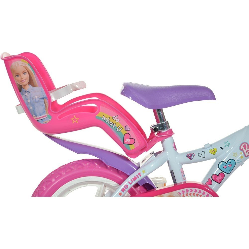 DINO BIKES Bicicleta copii Barbie 12 inch varsta 3-5 ani inaltimea 87-110 cm roti din spuma EVA roti ajutatoare detasabile scaun pentru papusa in spate cos spatios de depozitare in fata