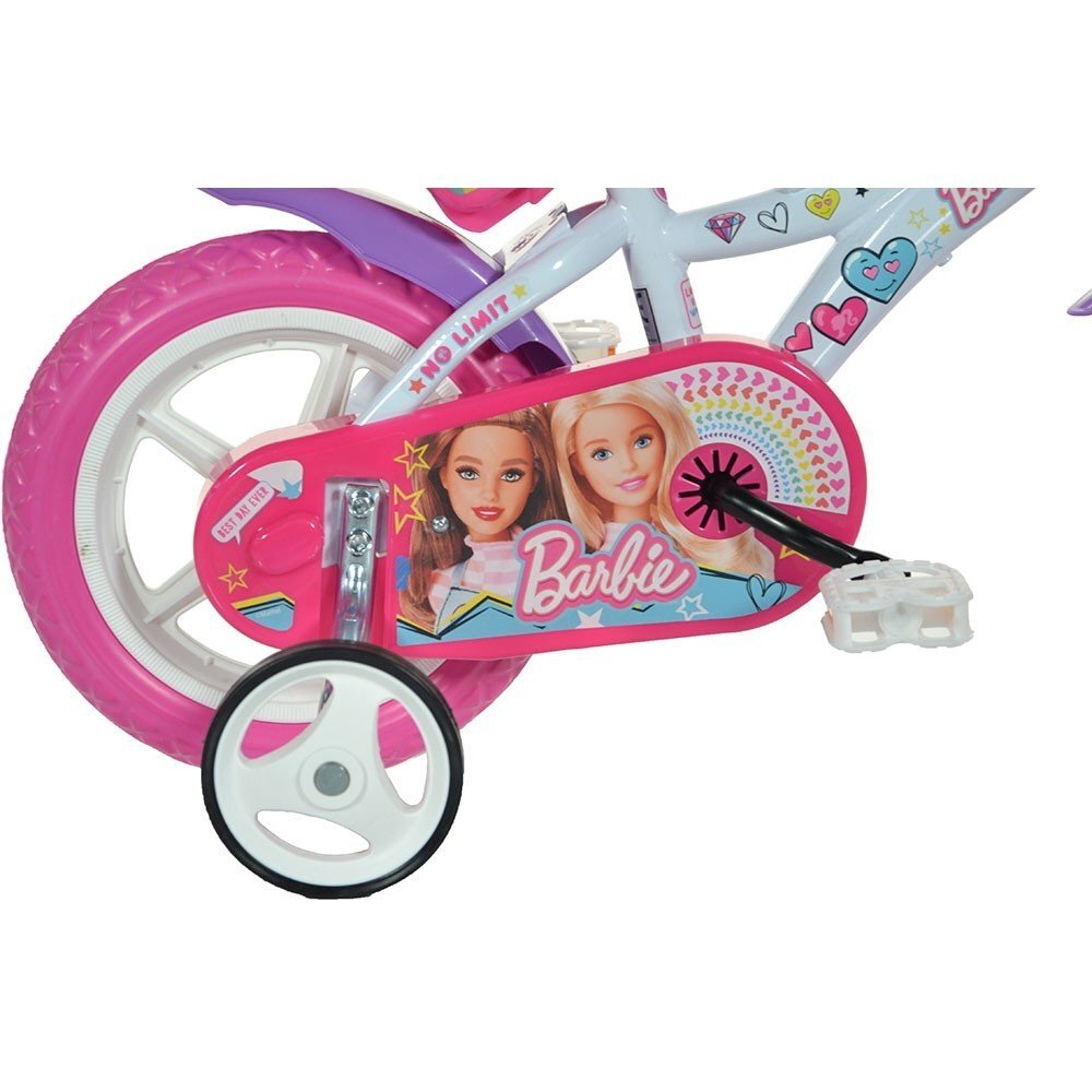 DINO BIKES Bicicleta copii Barbie 12 inch varsta 3-5 ani inaltimea 87-110 cm roti din spuma EVA roti ajutatoare detasabile scaun pentru papusa in spate cos spatios de depozitare in fata