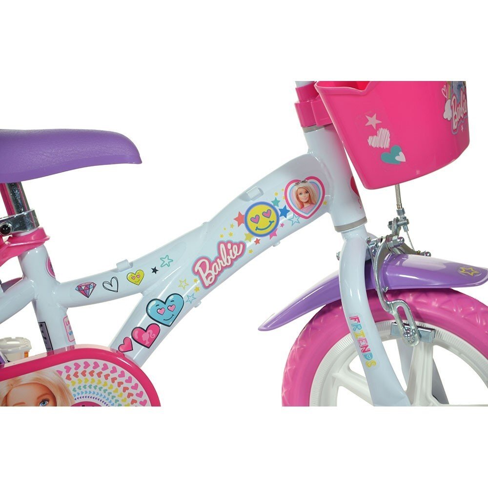 DINO BIKES Bicicleta copii Barbie 12 inch varsta 3-5 ani inaltimea 87-110 cm roti din spuma EVA roti ajutatoare detasabile scaun pentru papusa in spate cos spatios de depozitare in fata