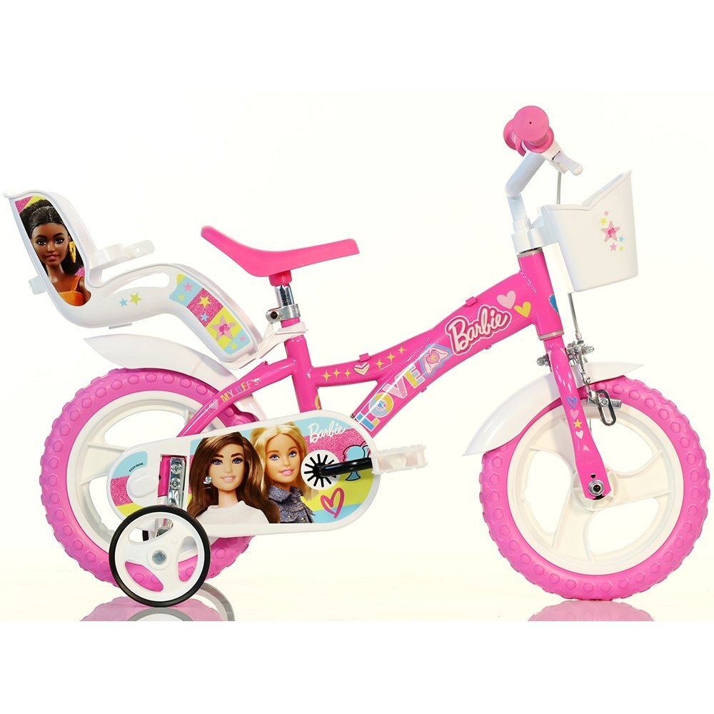 DINO BIKES Bicicleta copii Barbie 12 inch varsta 3-5 ani si o inaltime cuprinsa intre 87-110 cm roti spuma EVA frana de mana pe roata din fata roti ajutatoare detasabile scaun pentru papusa in spate cosulet fata