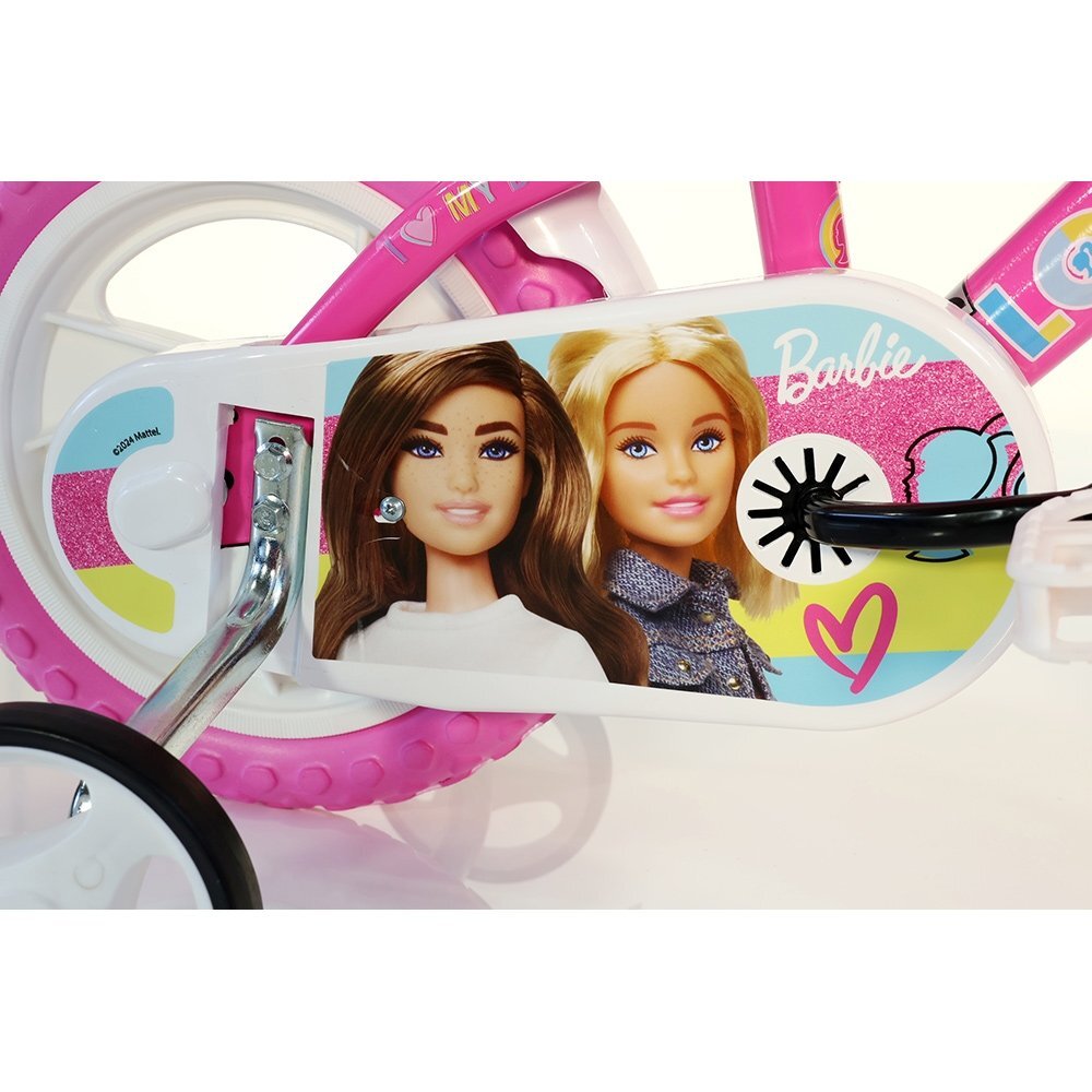 DINO BIKES Bicicleta copii Barbie 12 inch varsta 3-5 ani si o inaltime cuprinsa intre 87-110 cm roti spuma EVA frana de mana pe roata din fata roti ajutatoare detasabile scaun pentru papusa in spate cosulet fata