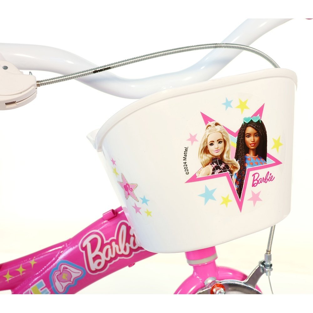 DINO BIKES Bicicleta copii Barbie 12 inch varsta 3-5 ani si o inaltime cuprinsa intre 87-110 cm roti spuma EVA frana de mana pe roata din fata roti ajutatoare detasabile scaun pentru papusa in spate cosulet fata
