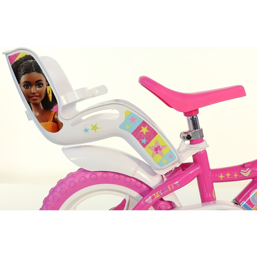 DINO BIKES Bicicleta copii Barbie 12 inch varsta 3-5 ani si o inaltime cuprinsa intre 87-110 cm roti spuma EVA frana de mana pe roata din fata roti ajutatoare detasabile scaun pentru papusa in spate cosulet fata