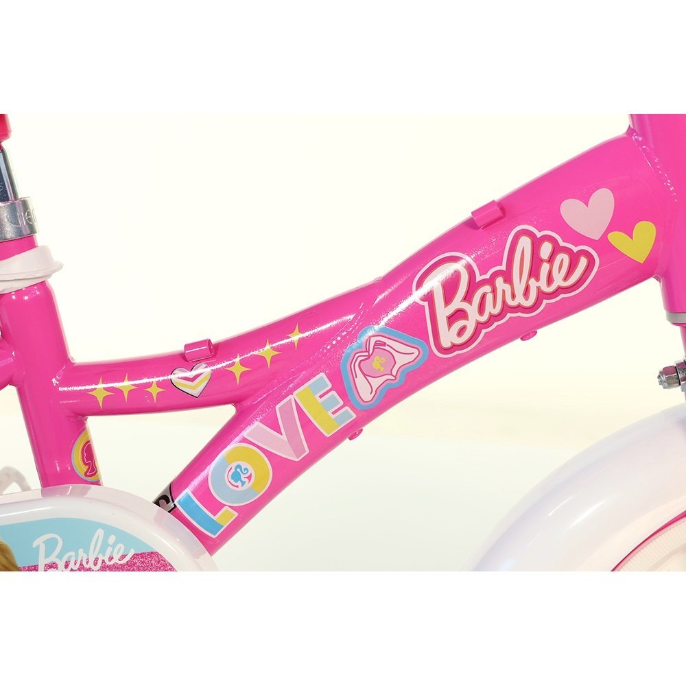 DINO BIKES Bicicleta copii Barbie 12 inch varsta 3-5 ani si o inaltime cuprinsa intre 87-110 cm roti spuma EVA frana de mana pe roata din fata roti ajutatoare detasabile scaun pentru papusa in spate cosulet fata