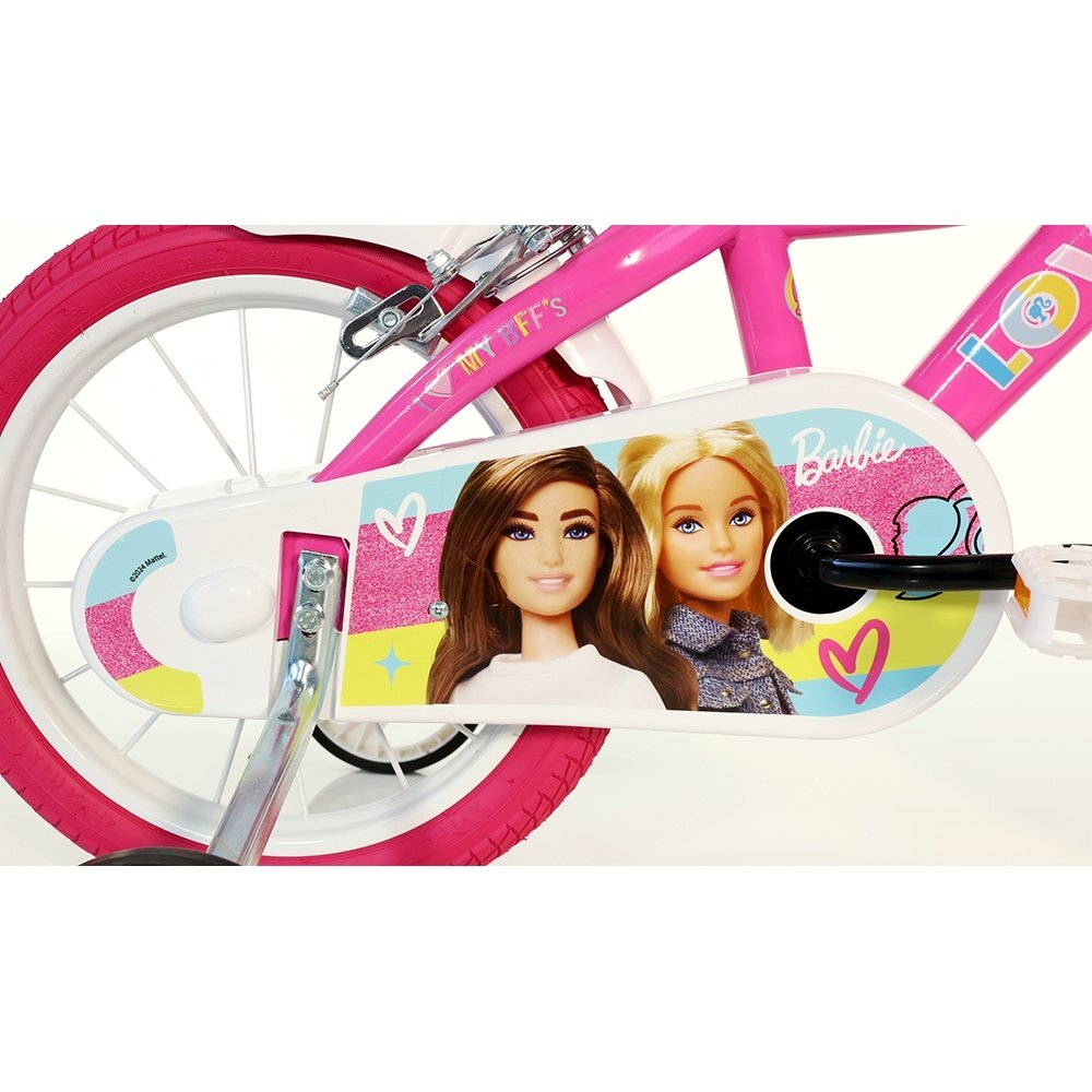 DINO BIKES Bicicleta copii Barbie 14 inch varsta 4-7 ani si o inaltime cuprinsa intre 95-115 cm frana de mana pe roata din fataspate roti ajutatoare detasabile scaun pentru papusa in spate