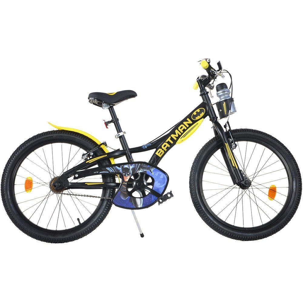 DINO BIKES Bicicleta copii Batman 20 inch varsta 7-11 ani inaltimea 120-145 cm frana de mana pe roata fataspate suport cu sticla de apa cric claxon pe ghidon rotile sunt prevazute cu reflectoare anvelope gonflabile