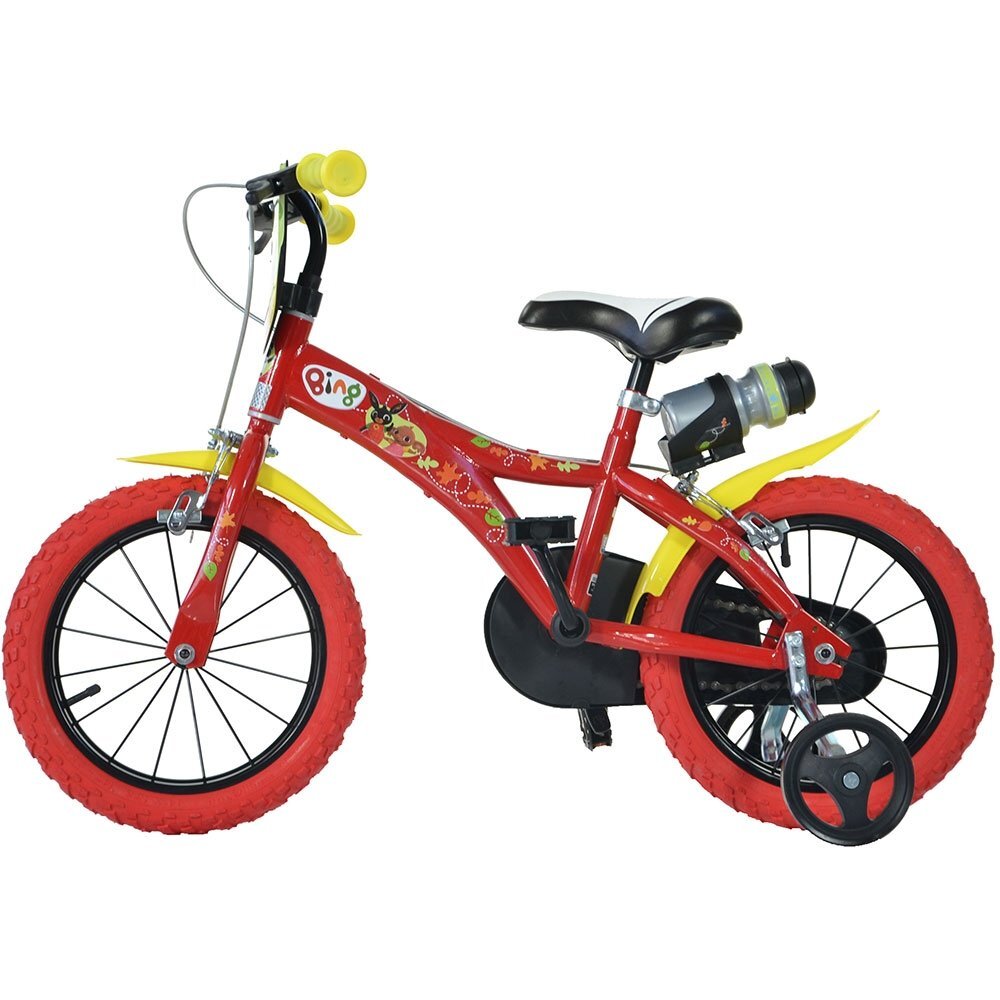 DINO BIKES Bicicleta copii Bing 14 inch varsta 4-7 ani inaltimea 95-115 cm frana de mana pe roata fataspate pinion spate fix roti ajutatoare detasabile suport cu sticla de apa