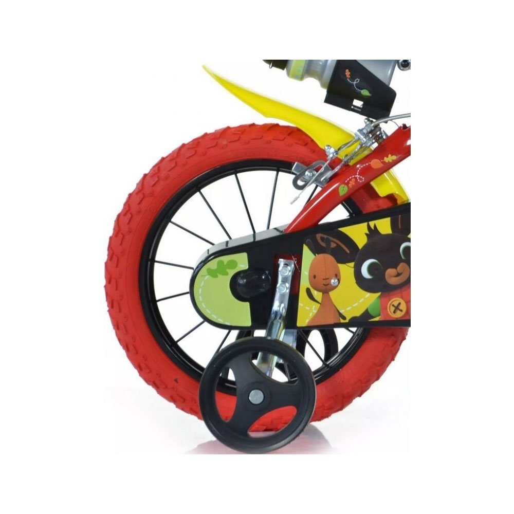 DINO BIKES Bicicleta copii Bing 14 inch varsta 4-7 ani inaltimea 95-115 cm frana de mana pe roata fataspate pinion spate fix roti ajutatoare detasabile suport cu sticla de apa