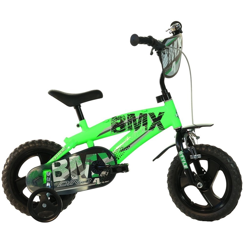 DINO BIKES Bicicleta copii BMX negru si verde 12 inch varsta 3-5 ani si o inaltime cuprinsa intre 87-110 cm roti spuma EVA frana de mana pe roata din fata pinion fix roti ajutatoare detasabile