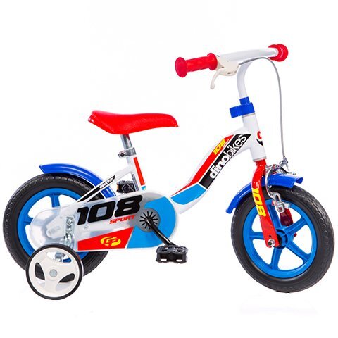DINO BIKES Bicicleta copii cu maner pentru parinti albastru varsta 2-4 ani 10 inch roti ajutatoare frana pe roata din fata claxon inaltimea recomandata 78-90 cm