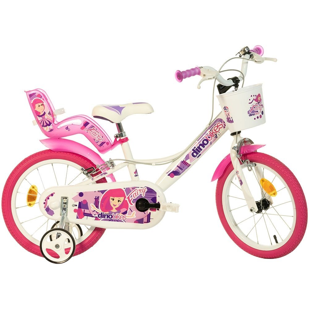 DINO BIKES Bicicleta copii Fairy alb si roz 16 inch varsta 6-8 ani inaltimea 107-125 cm frana de mana pe ambele roti roti ajutatoare detasabile cos depozitare fata scaun pentru papusi spate