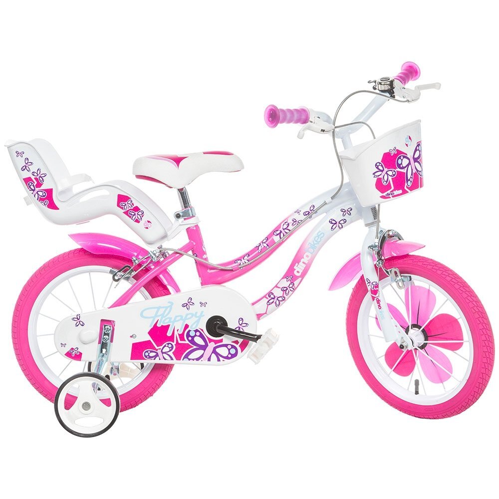 DINO BIKES Bicicleta copii Flappy roz 16 inch varsta 6-8 ani si o inaltime cuprinsa intre 107-125 cm frana de mana pe roata din fataspate scaun pentru papusa in spate roti ajutatoare detasabile