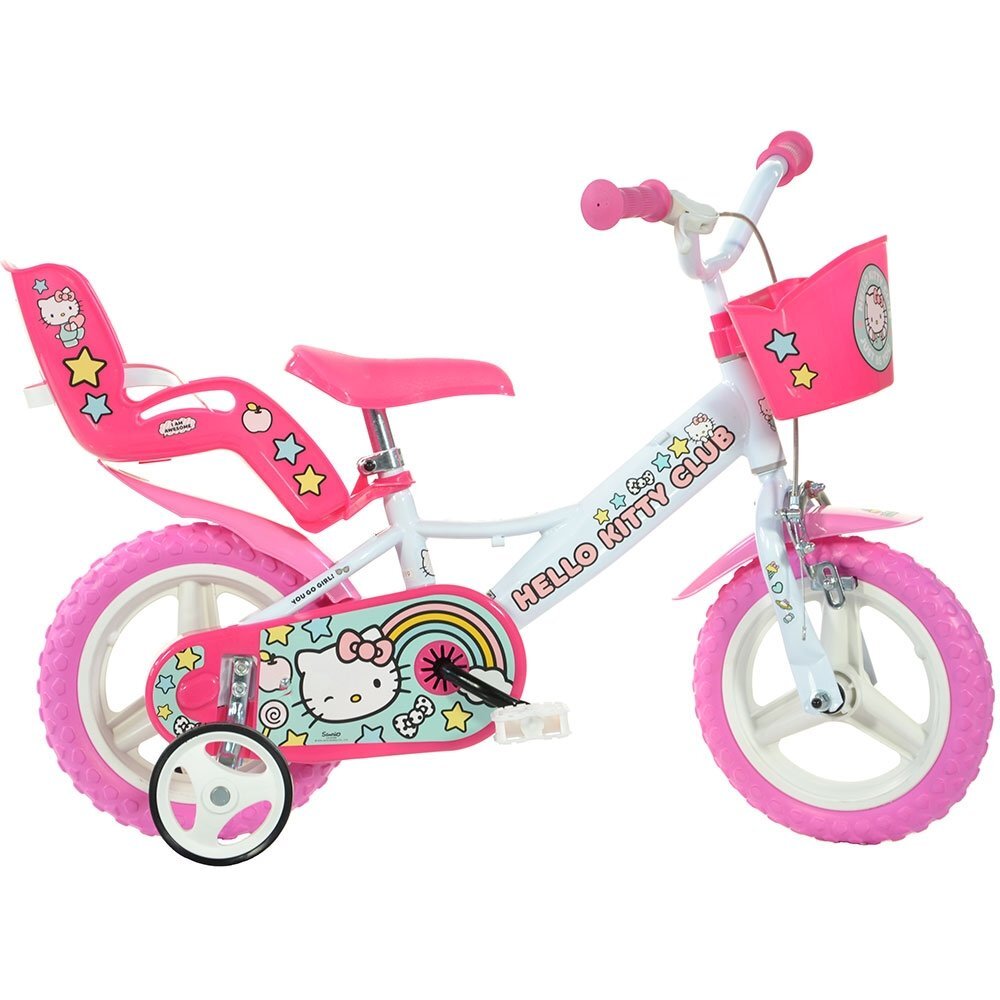 DINO BIKES Bicicleta copii Hello Kitty 12 inch varsta 3-5 ani inaltimea 87-110 cm anvelope spuma EVA frana de mana pe roata din fata pinion spate fix roti ajutatoare detasabile cosulet si scaun pentru papusa