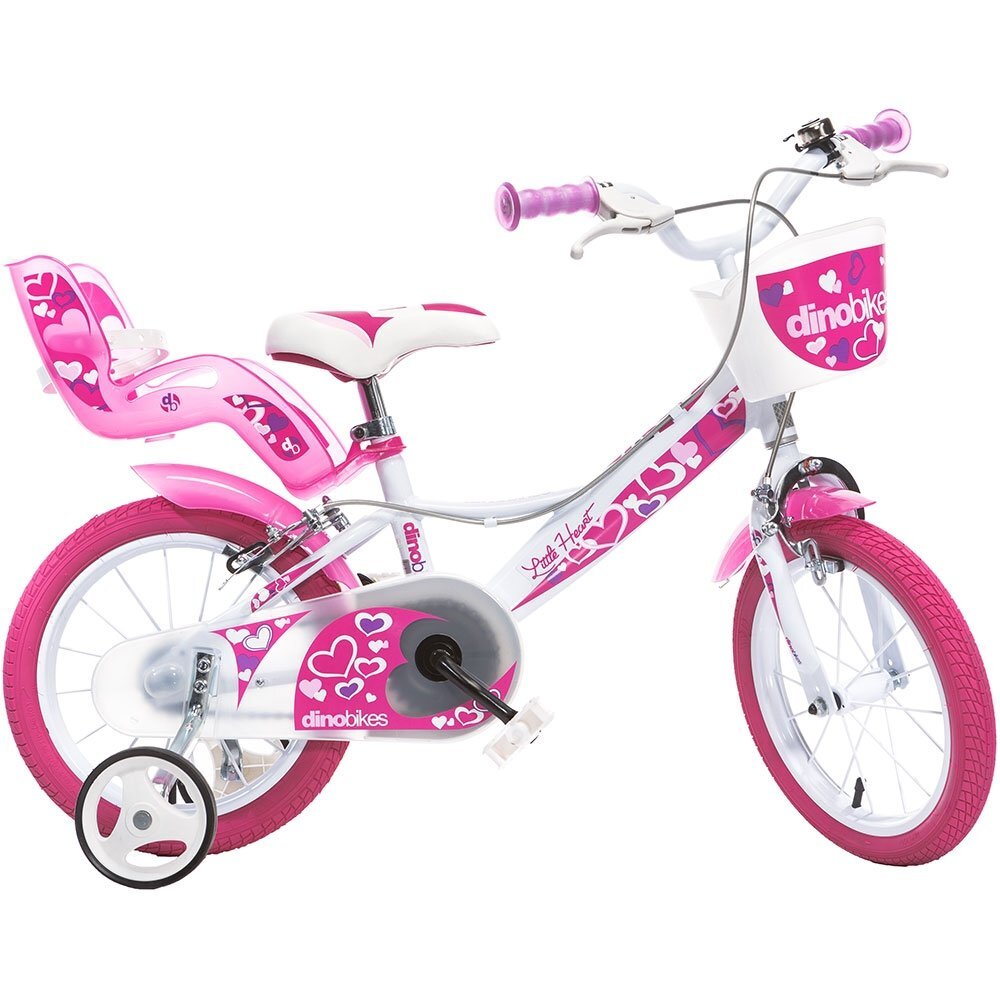 DINO BIKES Bicicleta copii Little Heart alb si roz 14 inch varsta 4-7 ani inaltimea 95-115 cm frana de mana pe roata din fataspate cosulet fata si scaun pentru papusa in spate pinion spate fix roti ajutatoare detasabi