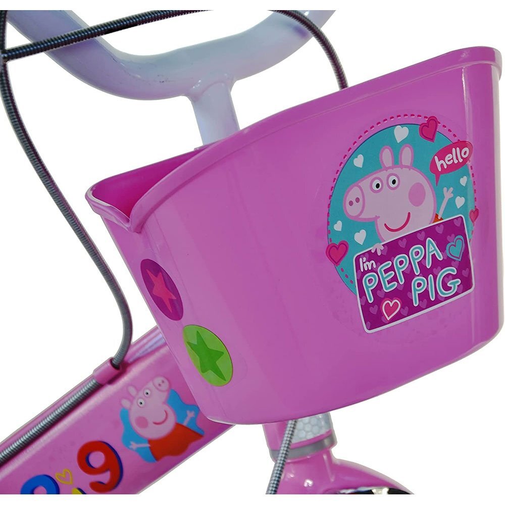 DINO BIKES Bicicleta copii Peppa Pig 14 inch varsta 4-7 ani inaltimea 95-115 cm frana de mana pe roata din fataspate cosulet fata si scaun pentru papusa in spate pinion spate fix roti ajutatoare detasabile