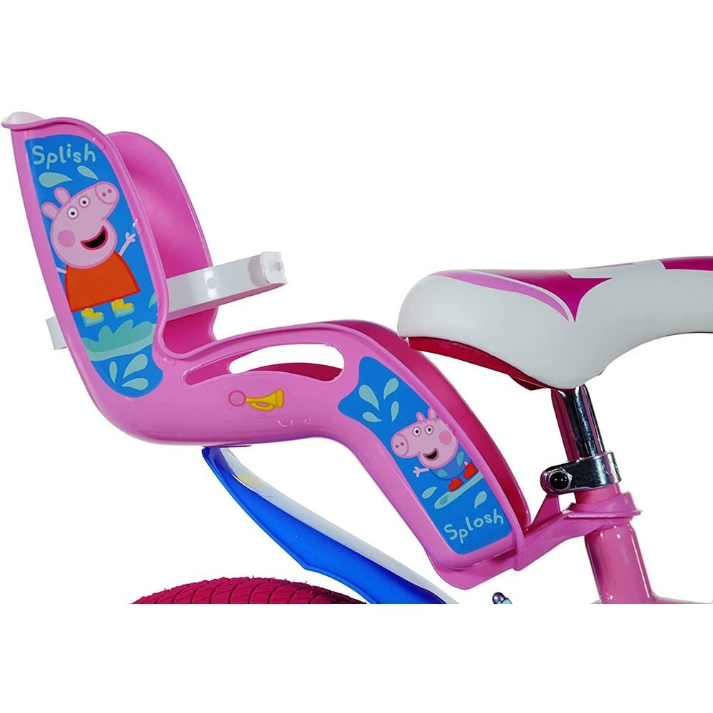 DINO BIKES Bicicleta copii Peppa Pig 14 inch varsta 4-7 ani inaltimea 95-115 cm frana de mana pe roata din fataspate cosulet fata si scaun pentru papusa in spate pinion spate fix roti ajutatoare detasabile
