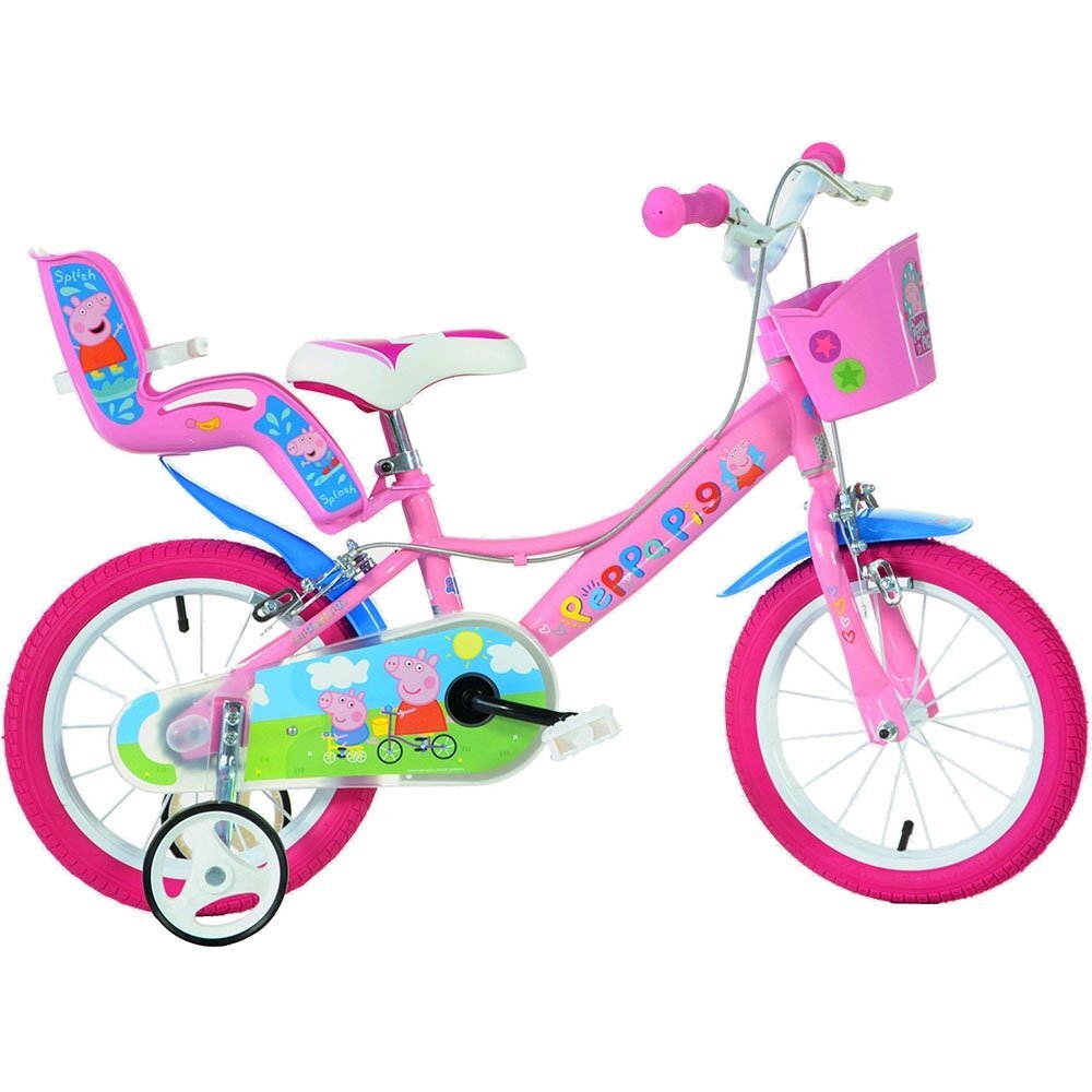 DINO BIKES Bicicleta copii Peppa Pig 14 inch varsta 4-7 ani inaltimea 95-115 cm frana de mana pe roata din fataspate cosulet fata si scaun pentru papusa in spate pinion spate fix roti ajutatoare detasabile
