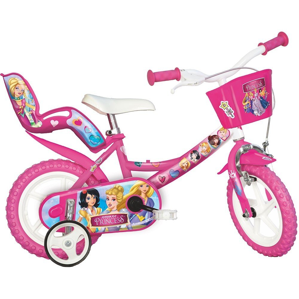 DINO BIKES Bicicleta copii Princess 12 inch varsta 3-5 ani inaltimea intre 87-110 cm anvelope spuma EVA frana de mana pe roata din fata pinion spate fix roti ajutatoare detasabile Scaun pentru papusa in spate