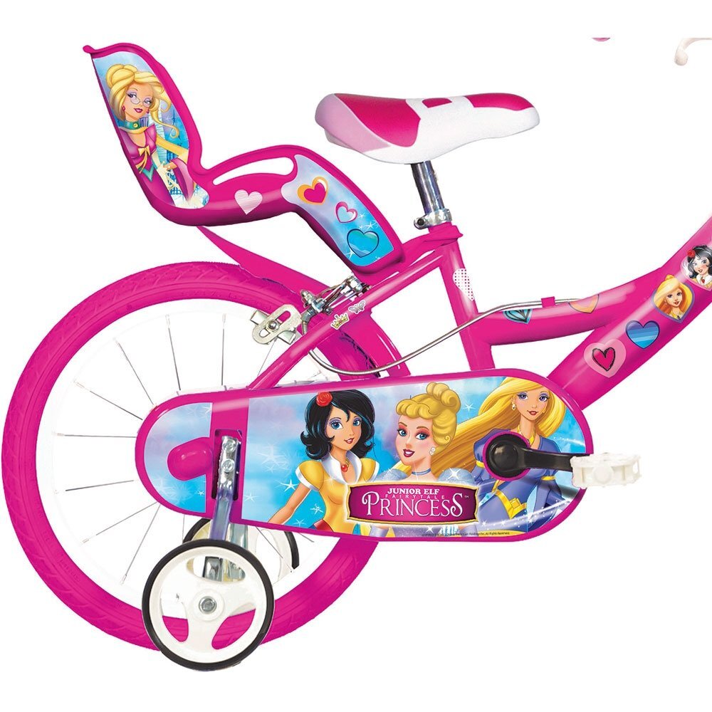 DINO BIKES Bicicleta copii Princess 14 inch varsta 4-7 ani inaltimea 95-115 cm frana de mana pe roata din fataspate cosulet fata si scaun pentru papusa in spate pinion spate fix roti ajutatoare detasabile