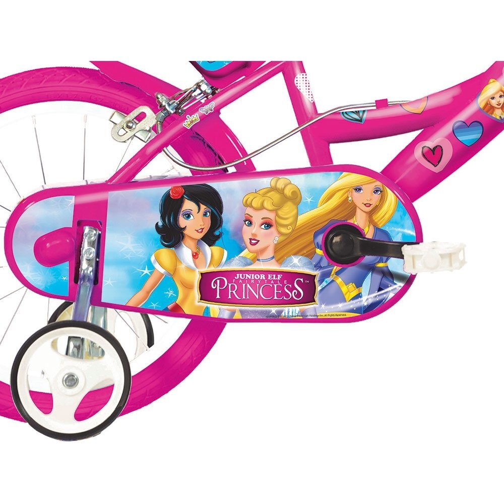 DINO BIKES Bicicleta copii Princess 16 inch varsta 6-8 ani inaltimea 107-125 cm anvelope gonflabile roti ajutatoare detasabile frana de mana pe roata din fataspatecos de depozitare in fata si scaun pentru papusa spate