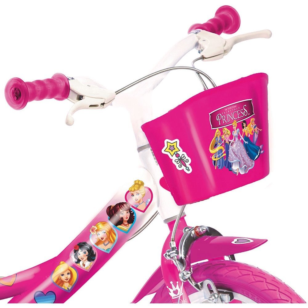 DINO BIKES Bicicleta copii Princess 16 inch varsta 6-8 ani inaltimea 107-125 cm anvelope gonflabile roti ajutatoare detasabile frana de mana pe roata din fataspatecos de depozitare in fata si scaun pentru papusa spate