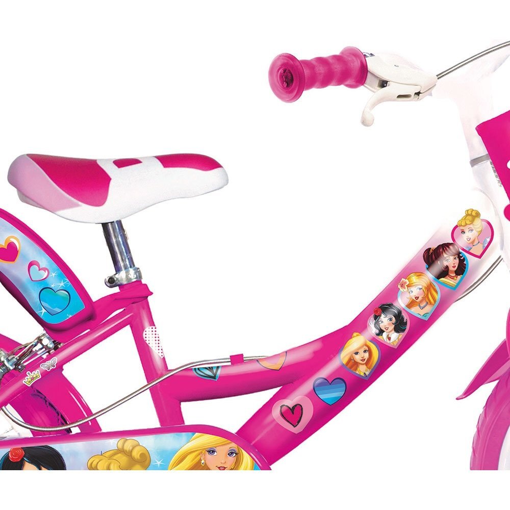 DINO BIKES Bicicleta copii Princess 16 inch varsta 6-8 ani inaltimea 107-125 cm anvelope gonflabile roti ajutatoare detasabile frana de mana pe roata din fataspatecos de depozitare in fata si scaun pentru papusa spate