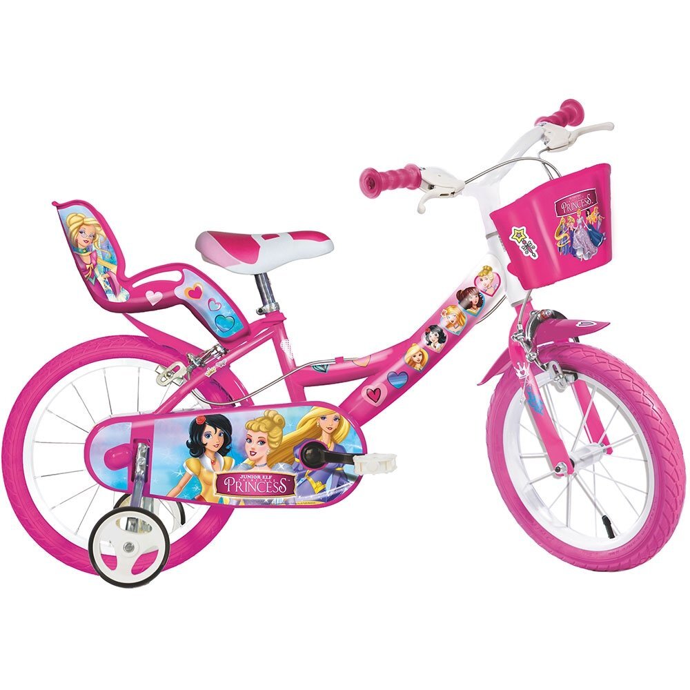DINO BIKES Bicicleta copii Princess 16 inch varsta 6-8 ani inaltimea 107-125 cm anvelope gonflabile roti ajutatoare detasabile frana de mana pe roata din fataspatecos de depozitare in fata si scaun pentru papusa spate