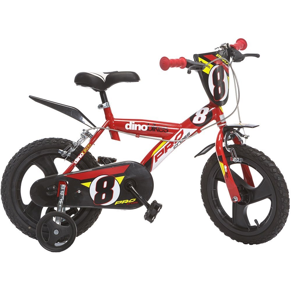 DINO BIKES Bicicleta copii Pro-cross rosu 16 inch varsta 6-8 ani inaltimea 107-125 cm frana de mana roata din fataspate roti ajutatoare detasabile scut frontal anvelope gonflabile
