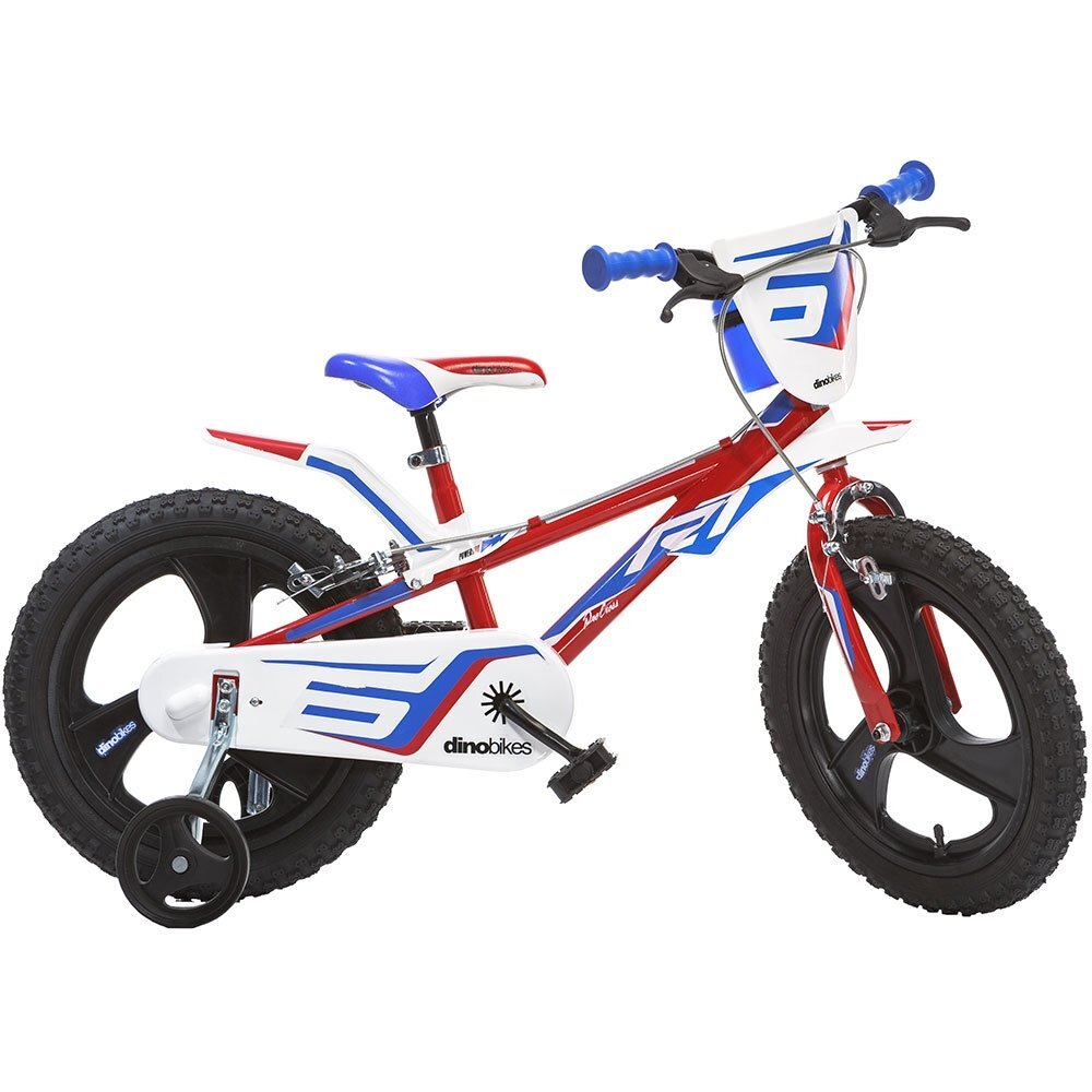DINO BIKES Bicicleta copii R1 rosu 16 inch varsta 6-8 ani inaltimea 107-125 cm anvelope gonflabile frana de mana roata din fataspate roti ajutatoare detasabile scut frontal