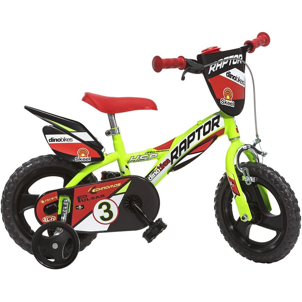DINO BIKES Bicicleta copii Raptor galben 12 inch varsta 3-5 ani inaltimea 87-110 cm frana de mana pe roata din fata pinion spate fix roti ajutatoare detasabile scut frontal