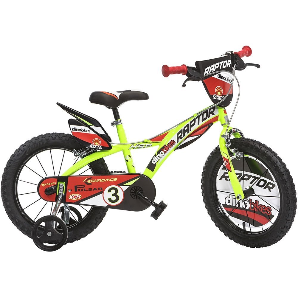 DINO BIKES Bicicleta copii Raptor galben 14 inch varsta 4-7 ani inaltimea 95-115 cm frana pe fata si spate pinion spate fix roti ajutatoare detasabile scut frontal