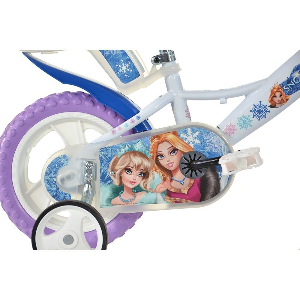 DINO BIKES Bicicleta copii Snow Queen 12 inch varsta 3-5 ani inaltimea 87-110 cm roti spuma EVA scaun pentru papusa in spate cos fata frana de mana pe roata din fata roti ajutatoare detasabile