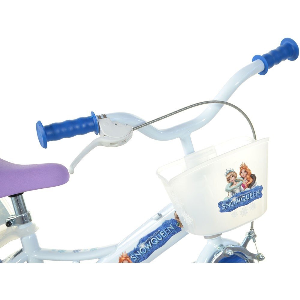 DINO BIKES Bicicleta copii Snow Queen 12 inch varsta 3-5 ani inaltimea 87-110 cm roti spuma EVA scaun pentru papusa in spate cos fata frana de mana pe roata din fata roti ajutatoare detasabile