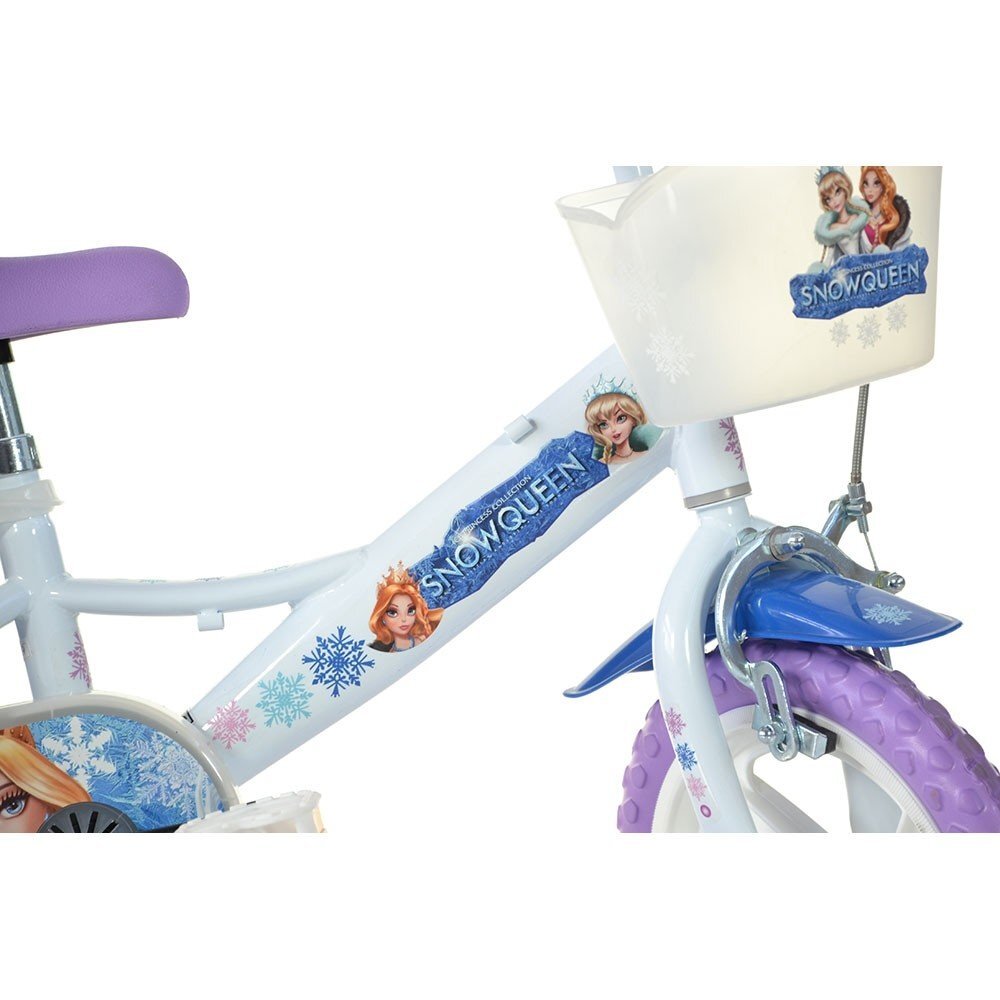 DINO BIKES Bicicleta copii Snow Queen 12 inch varsta 3-5 ani inaltimea 87-110 cm roti spuma EVA scaun pentru papusa in spate cos fata frana de mana pe roata din fata roti ajutatoare detasabile