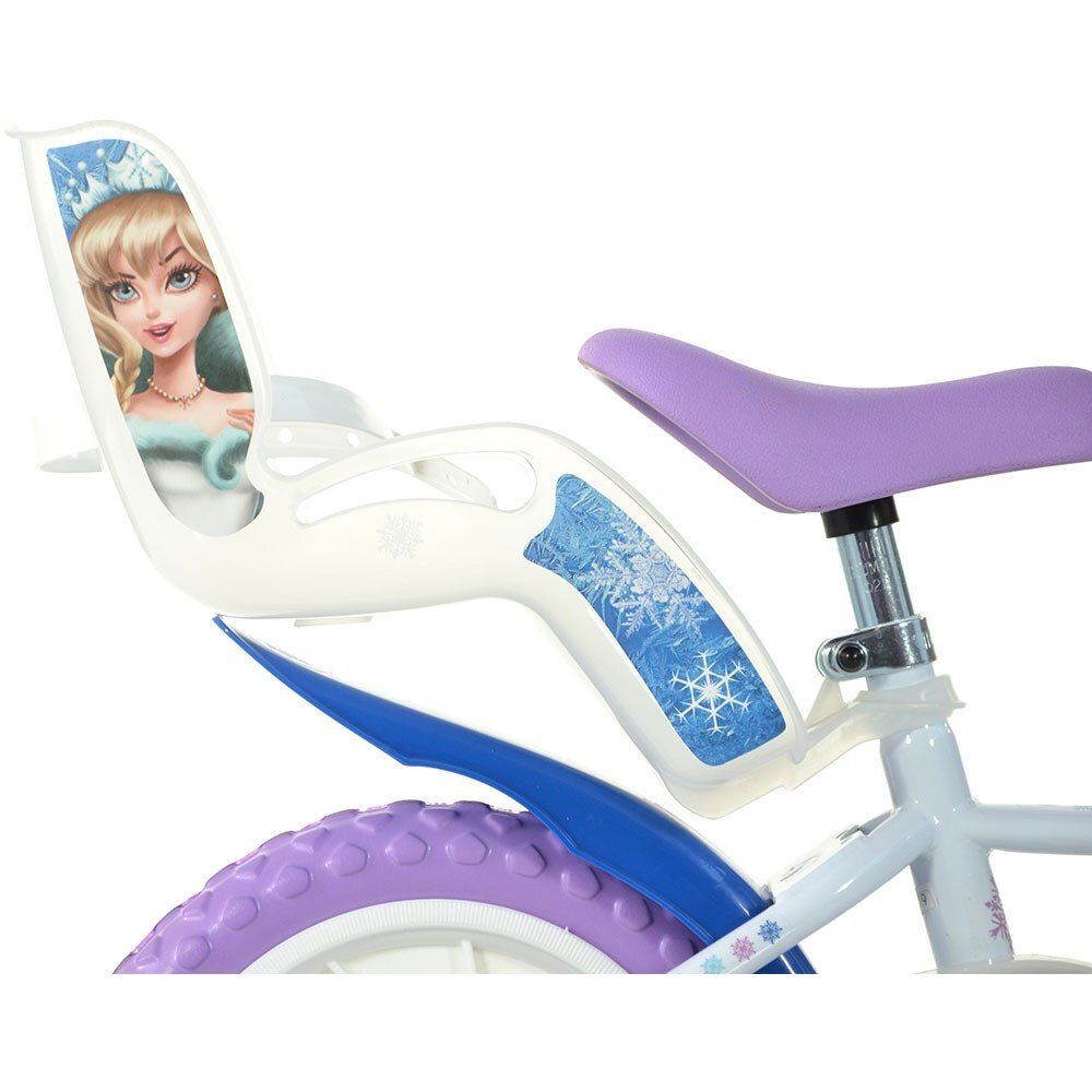 DINO BIKES Bicicleta copii Snow Queen 12 inch varsta 3-5 ani inaltimea 87-110 cm roti spuma EVA scaun pentru papusa in spate cos fata frana de mana pe roata din fata roti ajutatoare detasabile
