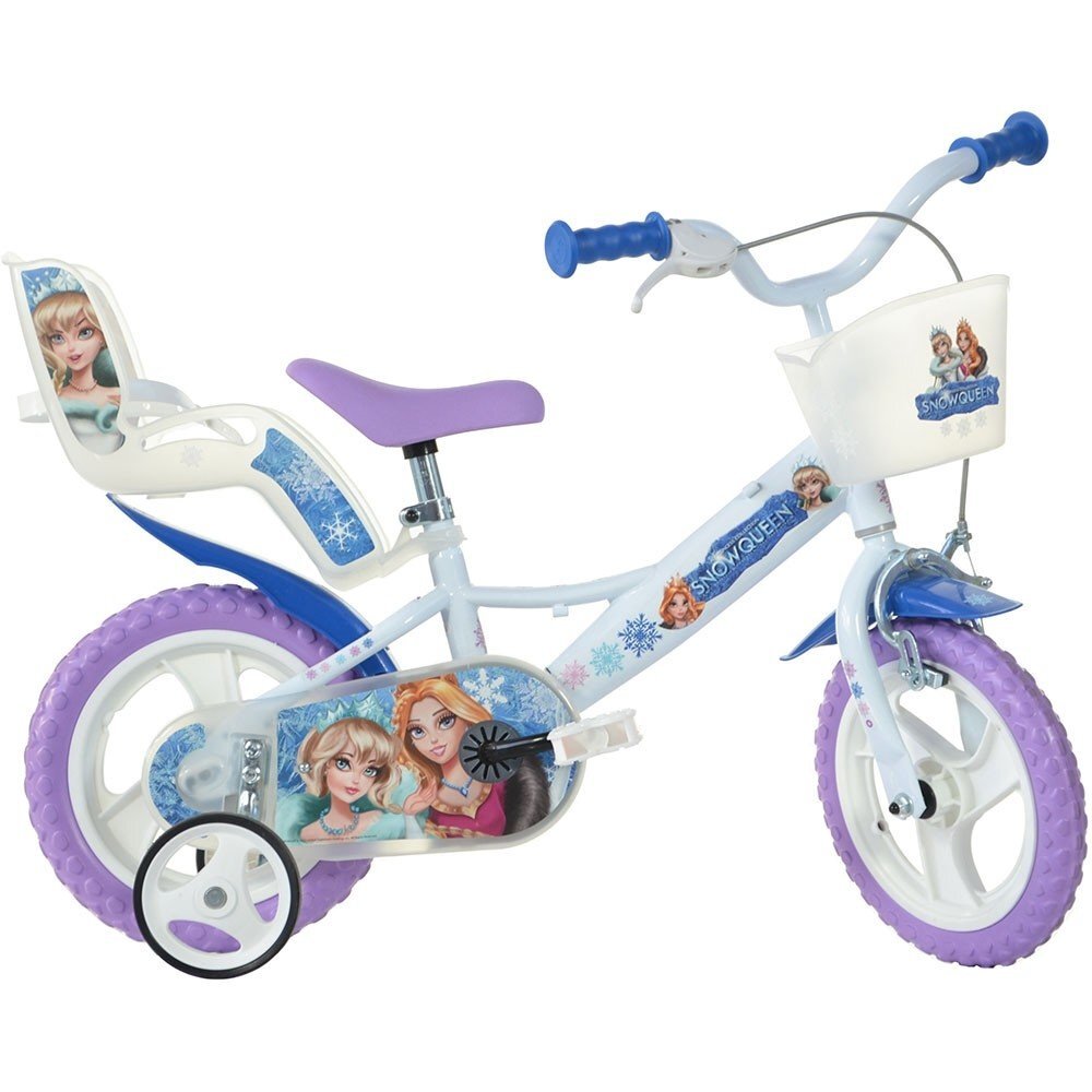 DINO BIKES Bicicleta copii Snow Queen 12 inch varsta 3-5 ani inaltimea 87-110 cm roti spuma EVA scaun pentru papusa in spate cos fata frana de mana pe roata din fata roti ajutatoare detasabile