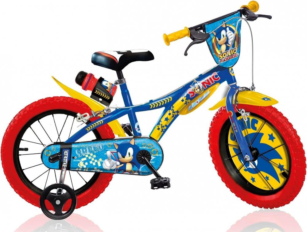 DINO BIKES Bicicleta copii Sonic 14 inch varsta 4-5 ani inaltimea 95-115 cm sistem cu doua frane pe fata si spate scaun reglabil roti ajutatoare detasabile suport si sticla de apa