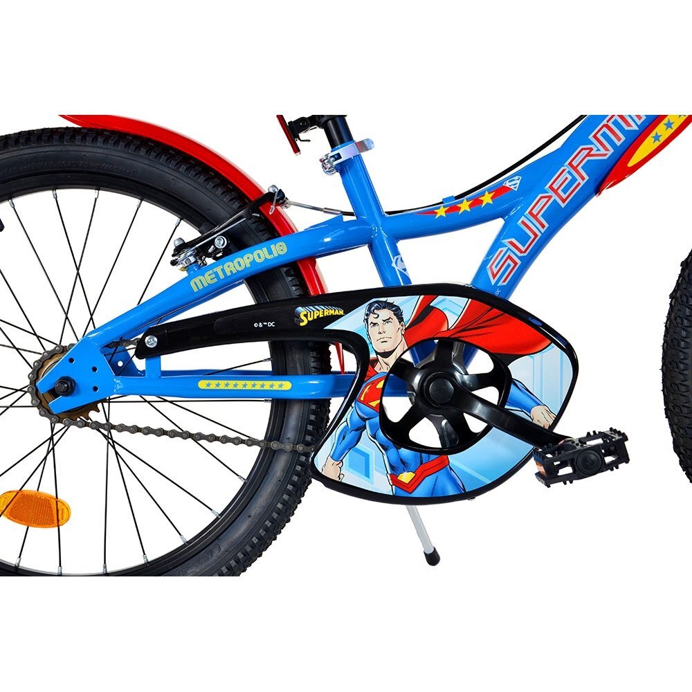 DINO BIKES Bicicleta copii Superman 20 inch varsta 7-11 ani inaltimea 120-145 cm frana de mana pe roata fataspate suport cu sticla de apa cric claxon pe ghidon rotile sunt prevazute cu reflectoare anvelope gonflabile