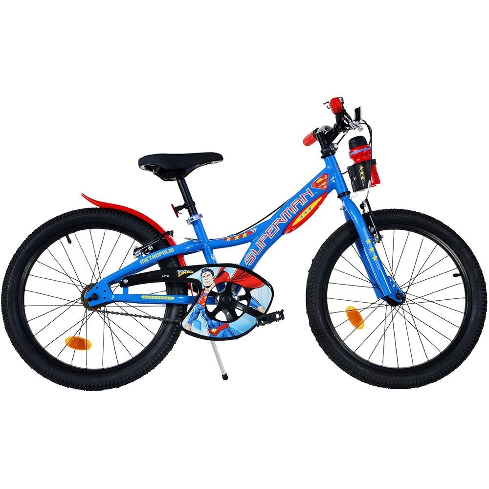 DINO BIKES Bicicleta copii Superman 20 inch varsta 7-11 ani inaltimea 120-145 cm frana de mana pe roata fataspate suport cu sticla de apa cric claxon pe ghidon rotile sunt prevazute cu reflectoare anvelope gonflabile
