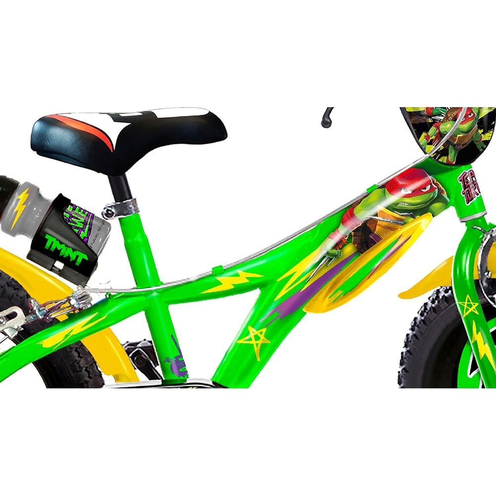 DINO BIKES Bicicleta copii Testoasele Ninja 14 inch varsta 4-7 ani inaltimea 95-115 cm frana de mana pe ambele roti pinion spate fix roti ajutatoare detasabile scut frontal
