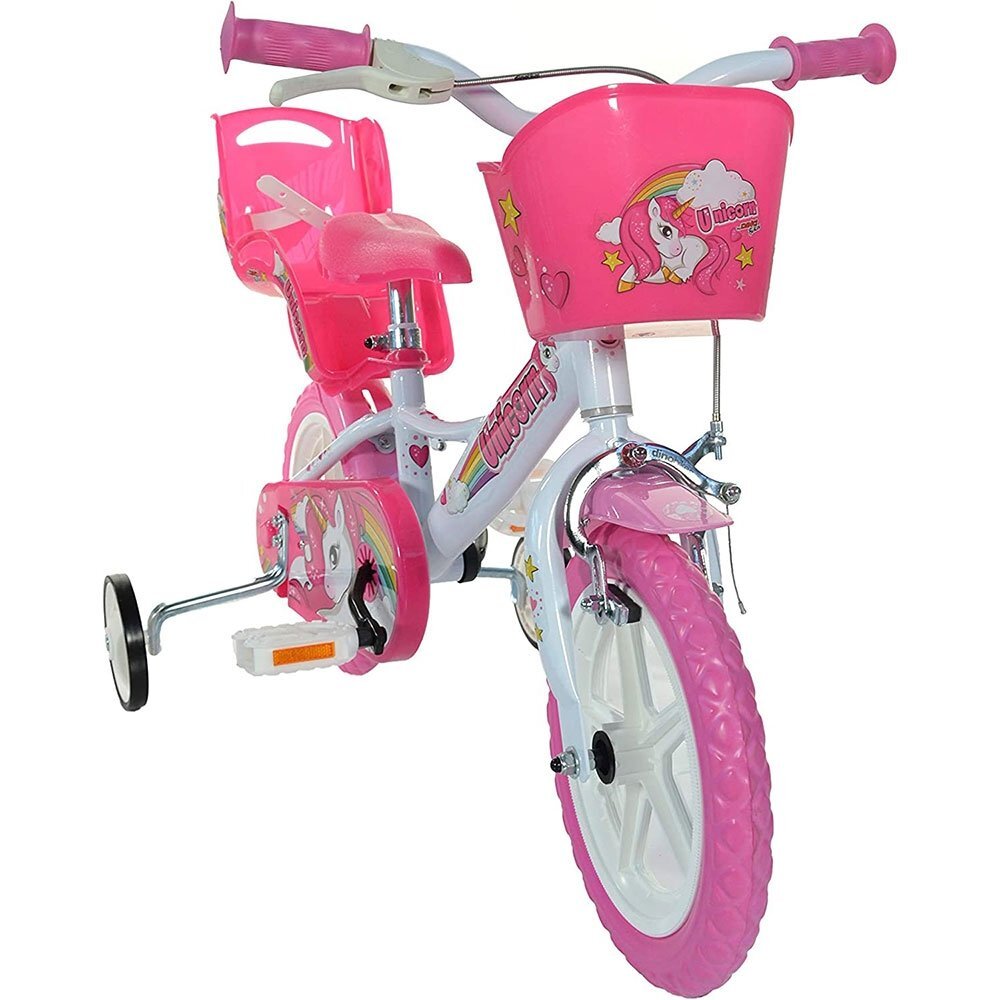 DINO BIKES Bicicleta copii Unicorn 12 inch varsta 3-5 ani inaltimea 87-110 cm anvelope spuma EVA frana de mana pe roata din fata pinion spate fix roti ajutatoare detasabile cosulet si scaun pentru papusa
