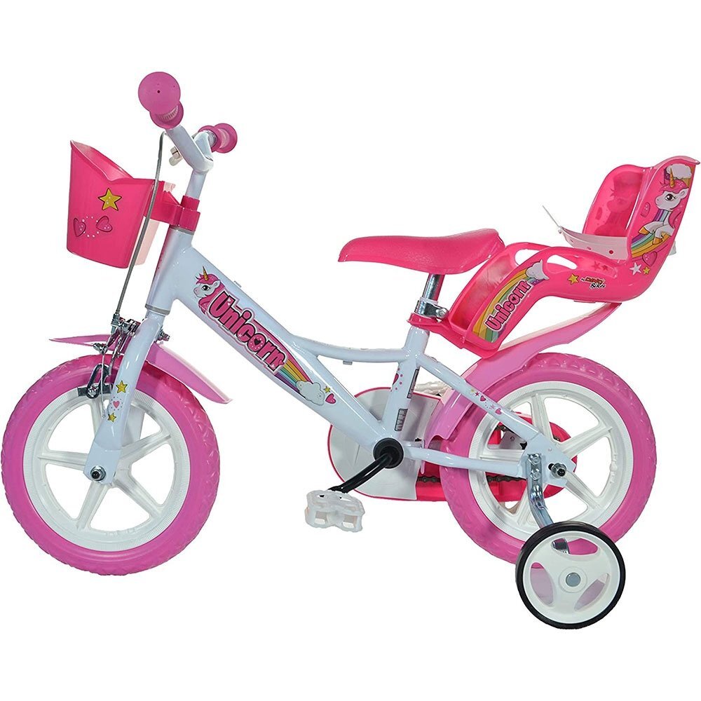 DINO BIKES Bicicleta copii Unicorn 12 inch varsta 3-5 ani inaltimea 87-110 cm anvelope spuma EVA frana de mana pe roata din fata pinion spate fix roti ajutatoare detasabile cosulet si scaun pentru papusa