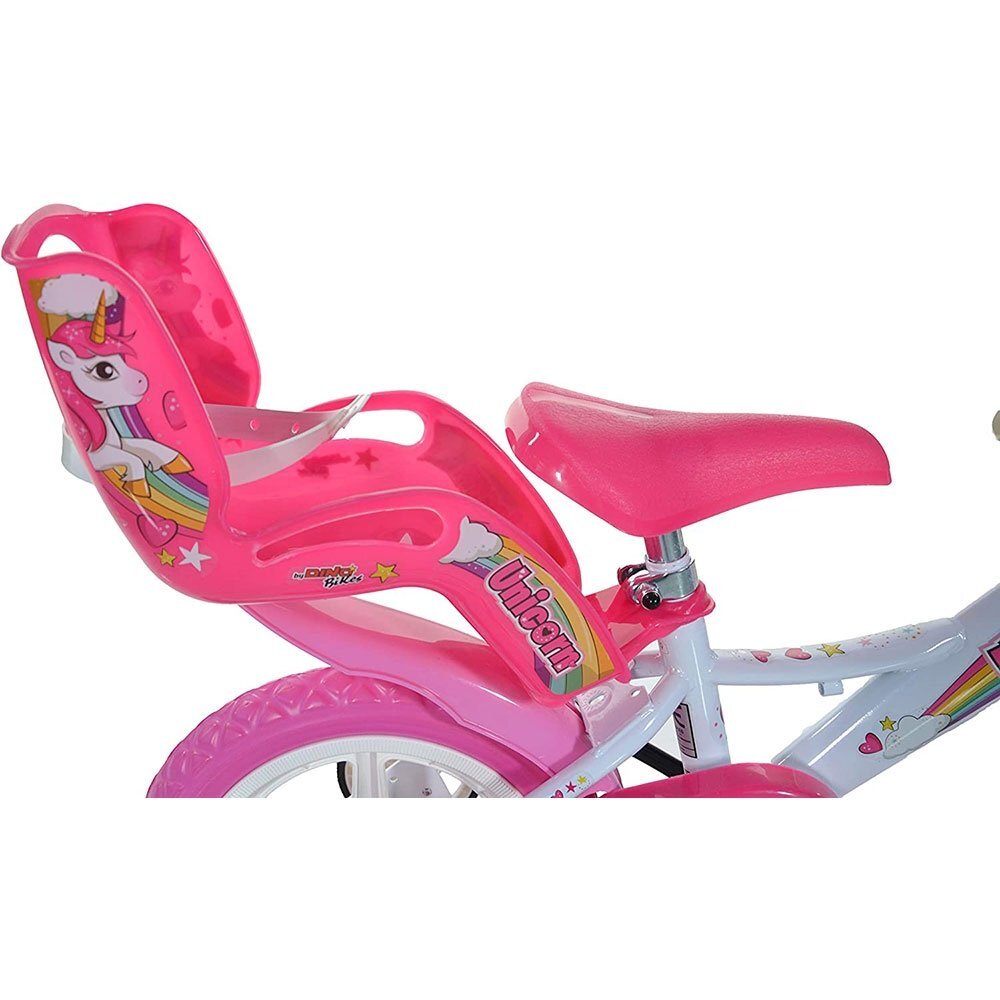 DINO BIKES Bicicleta copii Unicorn 12 inch varsta 3-5 ani inaltimea 87-110 cm anvelope spuma EVA frana de mana pe roata din fata pinion spate fix roti ajutatoare detasabile cosulet si scaun pentru papusa