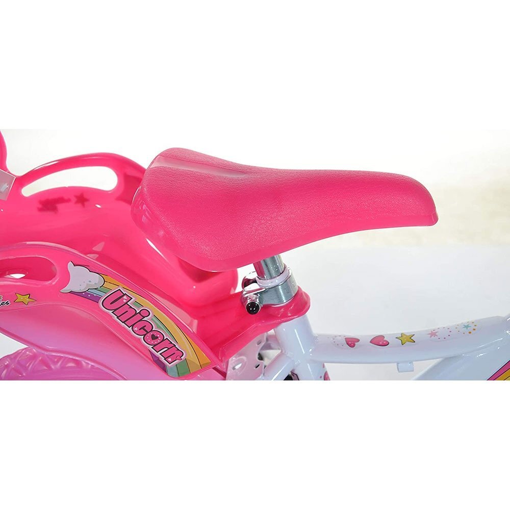 DINO BIKES Bicicleta copii Unicorn 12 inch varsta 3-5 ani inaltimea 87-110 cm anvelope spuma EVA frana de mana pe roata din fata pinion spate fix roti ajutatoare detasabile cosulet si scaun pentru papusa